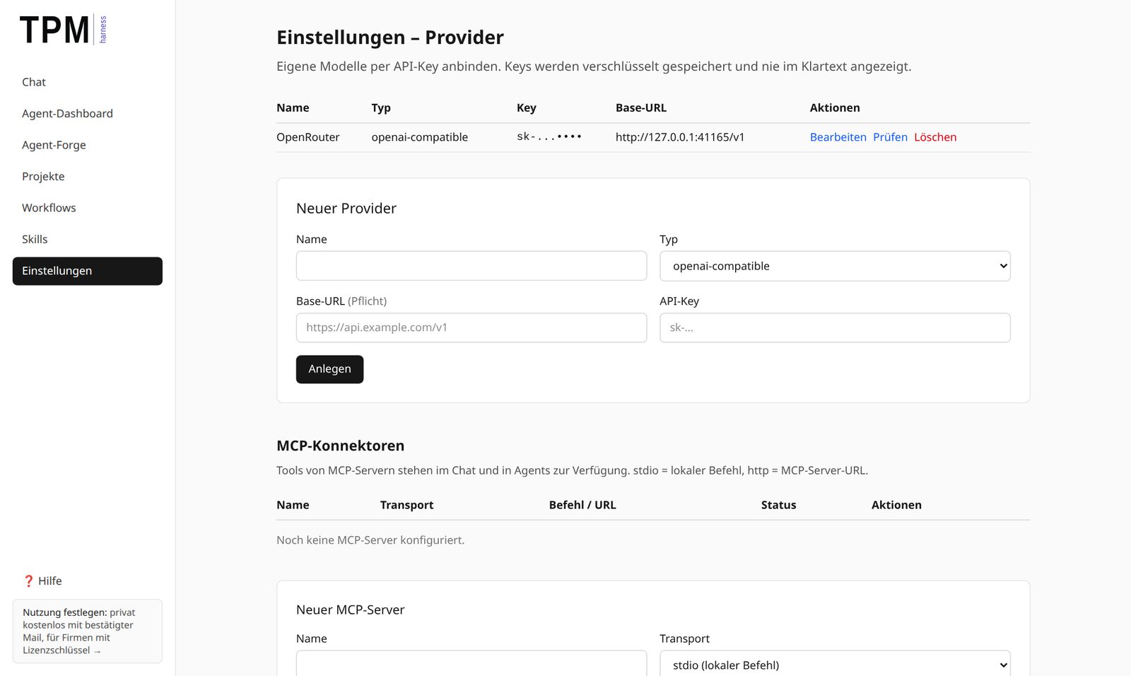 Einstellungen mit Anbieterliste und Formular für einen neuen Anbieter