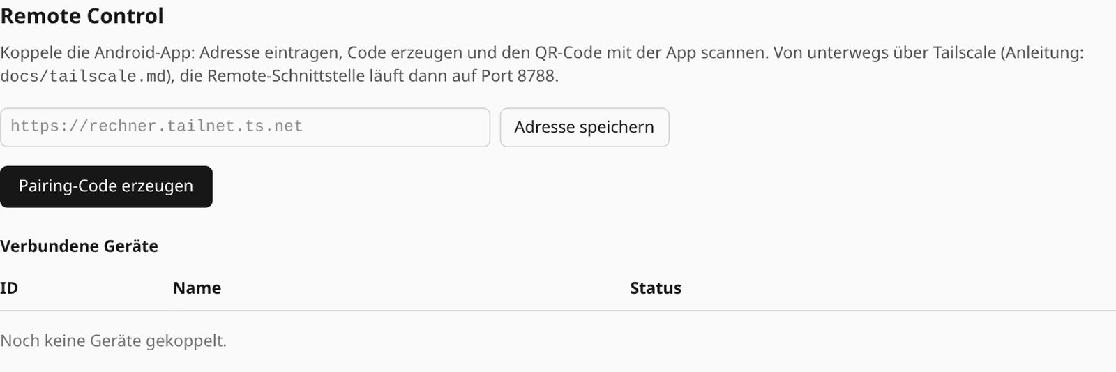 Remote Control mit Adressfeld und Pairing-Code