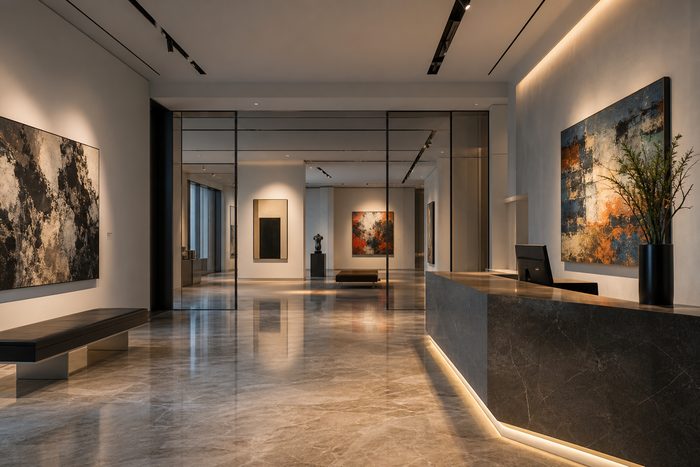 Edelgalerie mit poliertem Boden und Empfangstresen