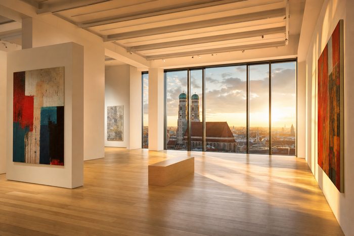 Helle Galerie mit Blick auf die Münchner Frauenkirche