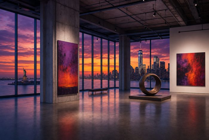 Loft-Galerie mit Blick auf die Skyline von New York