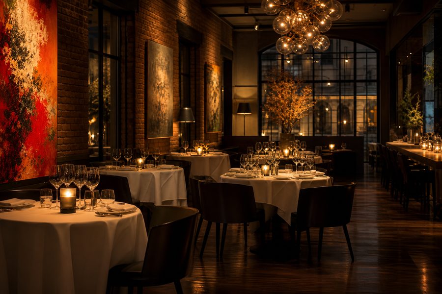 Restaurant mit gedeckten Tischen bei Kerzenlicht