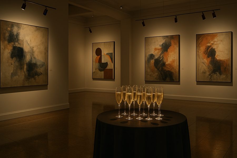 Ausstellungsraum mit bereitstehenden Champagnergläsern